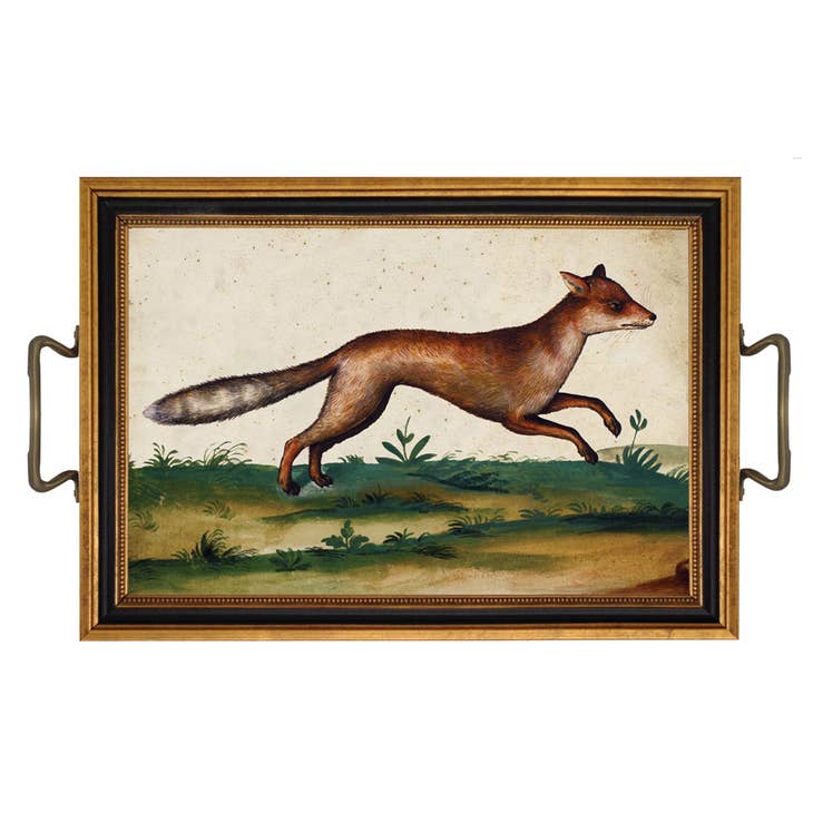 Water Colored Fox Print Tray with Brass Handles