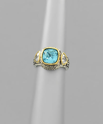 Square Blue Stone & Crystal Ring