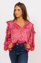 Load image into Gallery viewer, Karlie Satin Floral Ruffle Sleeve Top - Pink
