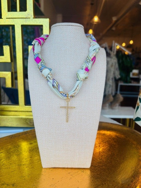 Scarf Necklace with Diamond Cross Charm