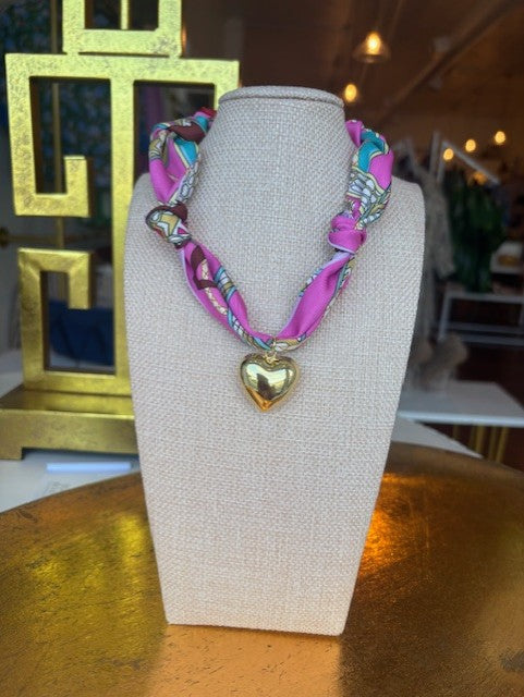 Scarf Necklace with Gold Puff Heart