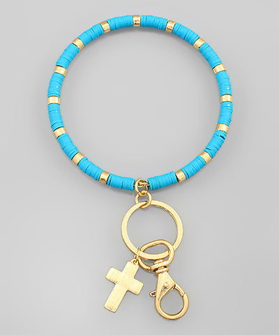Beaded Key Chain with Cross - Turquoise