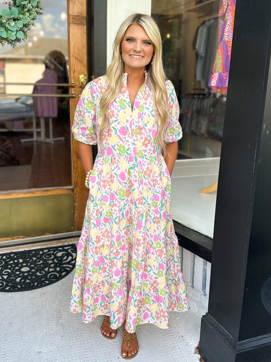 Karlie Puff Sleeve Tiered Midi Dress - Pastel Floral