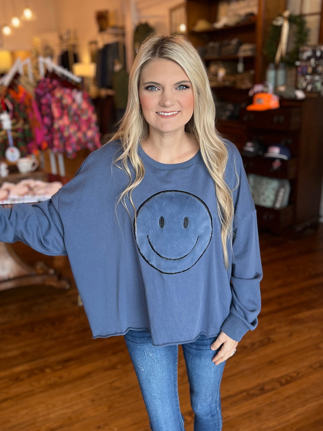 Fur Smile Patch Sweatshirt - Slate Blue